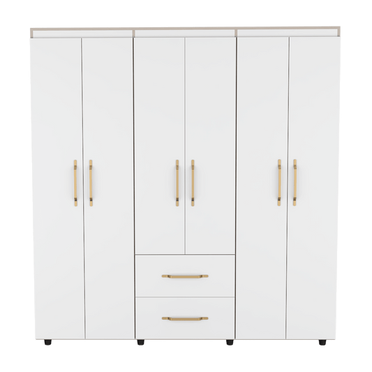 Closet Golden, Blanco y Dorado, Variedad de Entrepaños, Seis Puertas Abatibles y Canto Cuero. - VIRTUAL MUEBLES