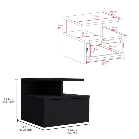 Mesa de Noche Flotante Nube, Wengue con un Cajón y División de dos Entrepaños - VIRTUAL MUEBLES