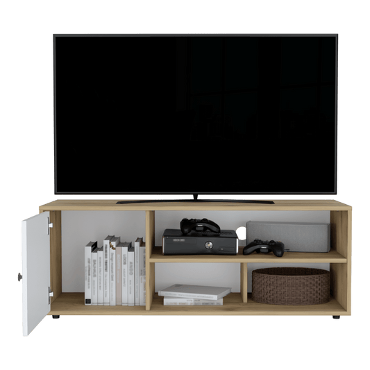 Mesa Para Tv Noah, Macadamia y Blanco Vainilla, con Variedad de Entrepaños - VIRTUAL MUEBLES