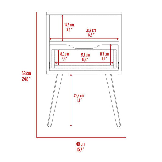 Mesa de Noche Alesio, Café Claro y Blanco, con Patas de Madera y Un Cajón - VIRTUAL MUEBLES